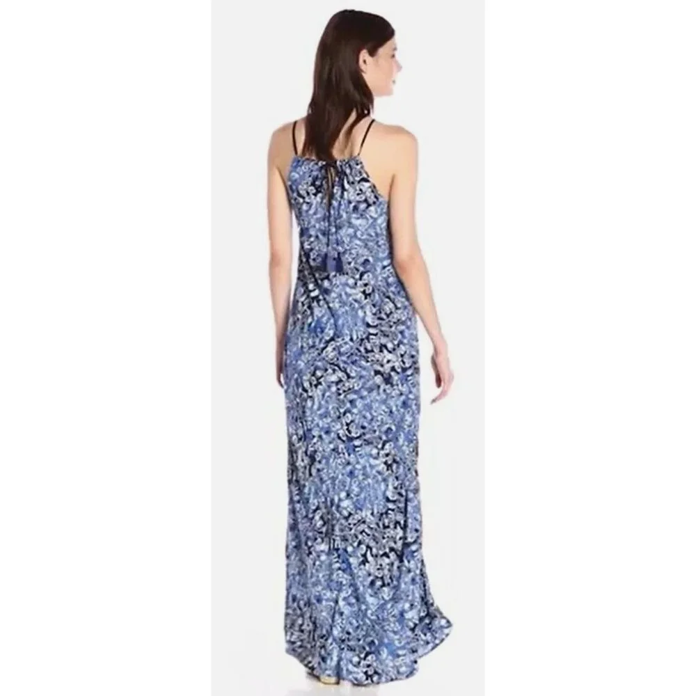Lucky Brand Blue Floral Halter Maxi Dress Adjustable Tasseled Ties Size Large - Picture 7 of 10